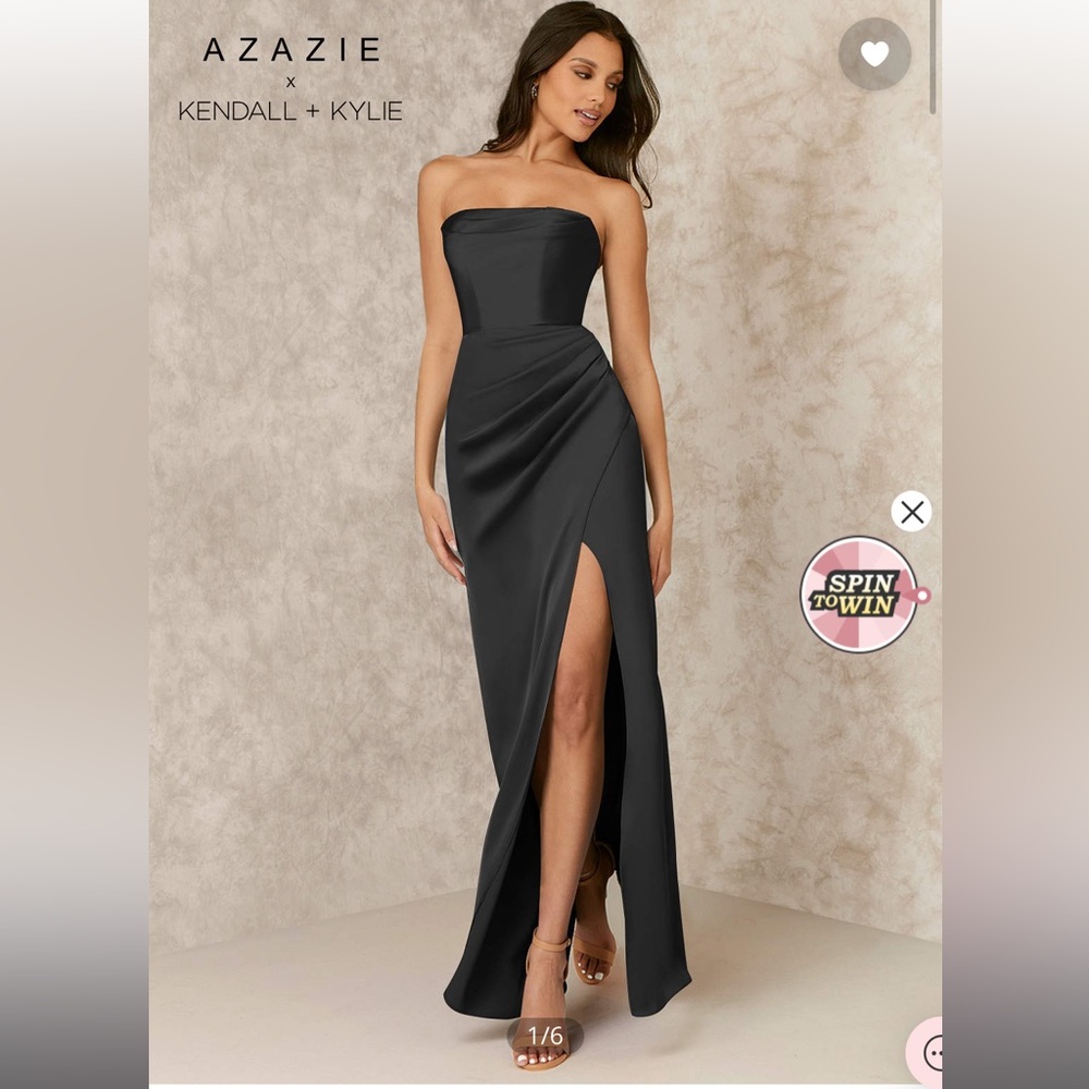 Size 4 Azazie Black Strapless Stretch Satin Sheath Dress